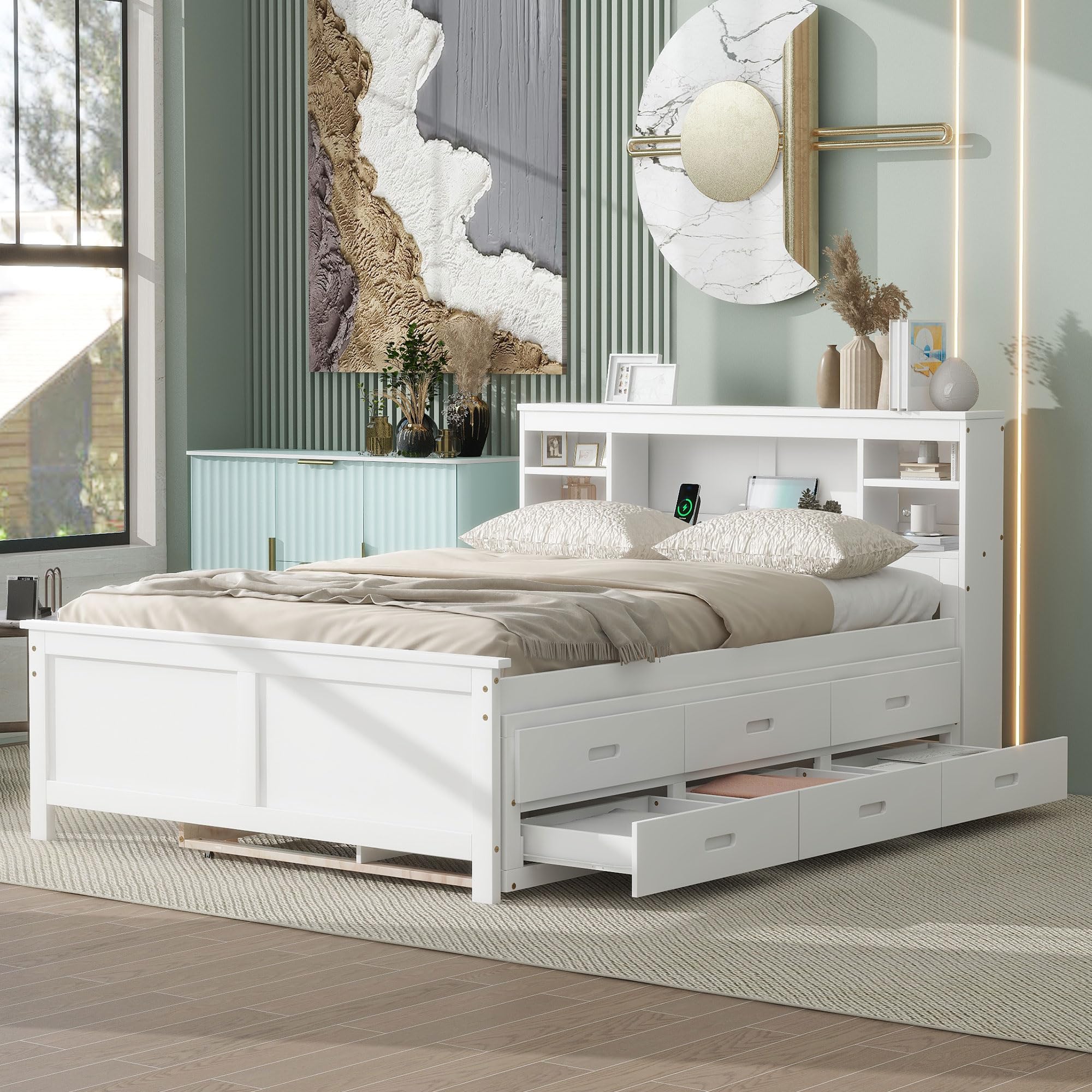 Harper & Bright Designs Full Size Bed with Bookcase Headboard, Wooden Full Platform Bed with Trundle and Drawers,Full Storage Bed with USB Ports Outlets for Kids Girls Boys,White