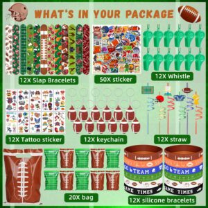 134 Pcs Football Party Favors Set 12 Silicone Bracelet 12 Whistles 12 Keychains 12 Slap Bracelet 12 Tattoo Stickers 12 Plastic Straws 12 Gift Bags 50 Football Stickers for Football Party Supplies