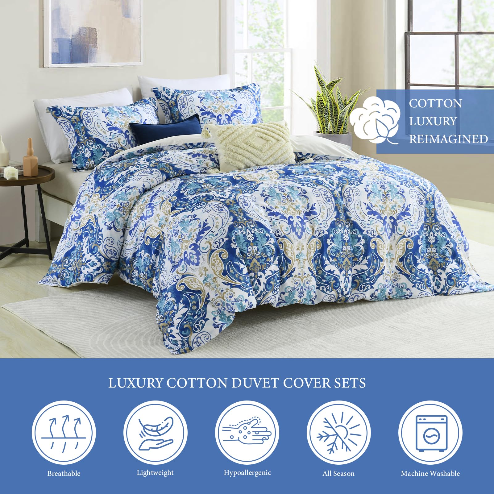 Uniclinens Damask Duvet Cover Queen - Blue Painting Duvet Cover Set, 100% Cotton Queen Size Set with Zipper Closure and 8 Ties, 1 Duvet Cover (90”x 90”) & 2 Pillow Shams (20“x 26”), No Comforter