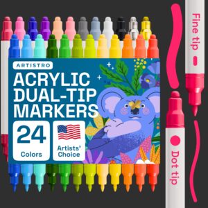 artistro 24 acrylic paint pens, acrylic paint markers, fabric markers for textile, canvas, rock, glass, wood, paper, pumpkin, diy, paint markers for kids and adults (dual tip dot + fine, 24)