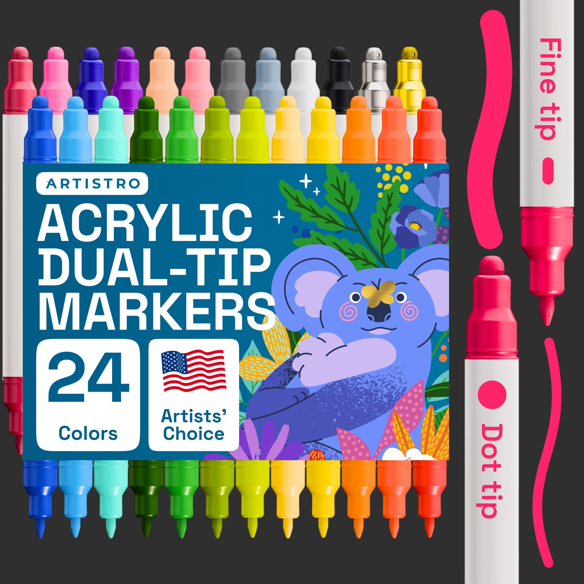 ARTISTRO 24 Acrylic Paint Pens, Acrylic Paint Markers, Fabric Markers for Textile, Canvas, Rock, Glass, Wood, Paper, Pumpkin, DIY, Paint Markers for Kids and Adults (Dual Tip Dot + Fine, 24)