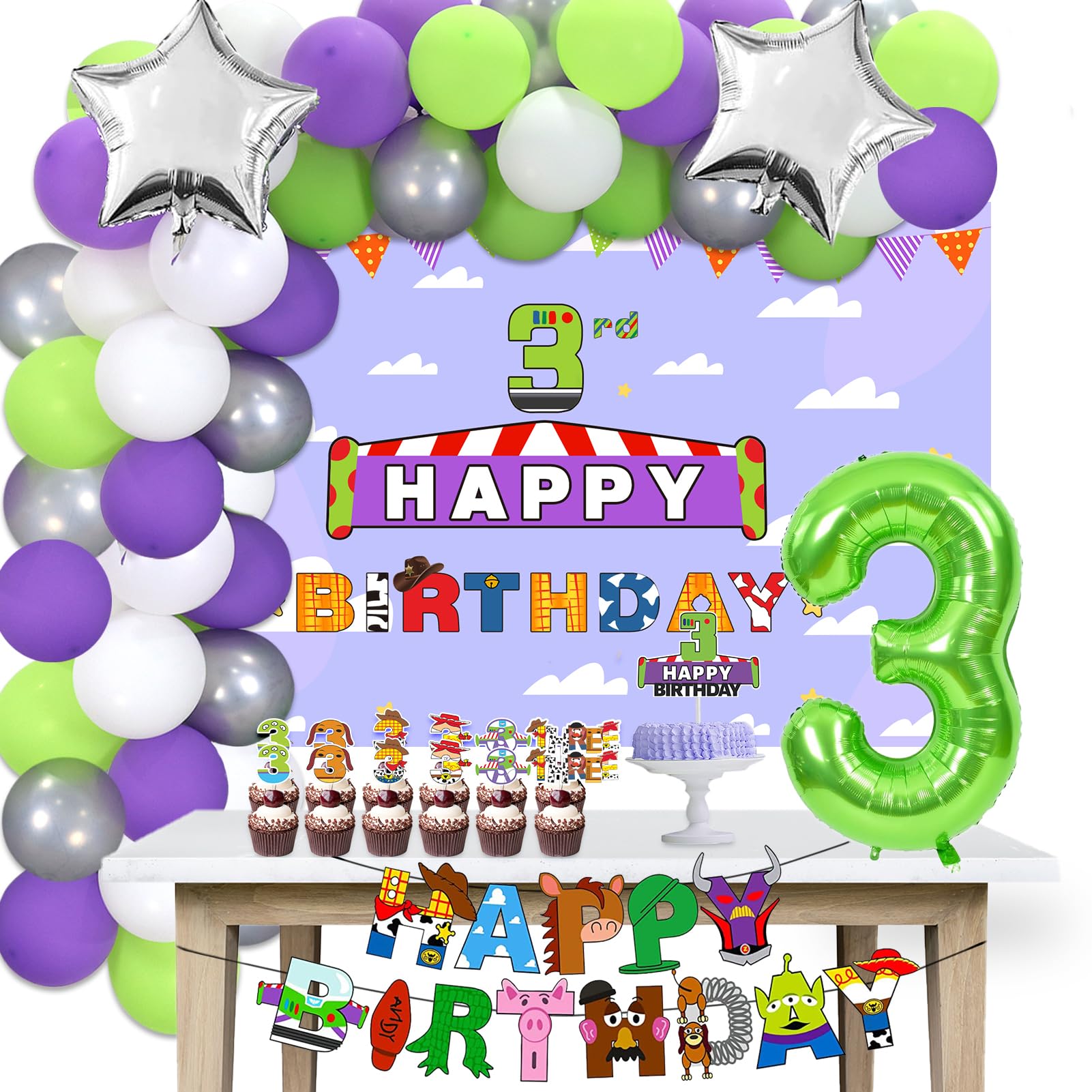 Crenics 3rd Birthday Decorations for Girls or Boys - 3rd Birthday Backdrop, Banner, Balloon Arch Kit, Number 3 Balloon with Cake Toppers for Toy Inspired Story Theme 3 Birthday Party Supplies