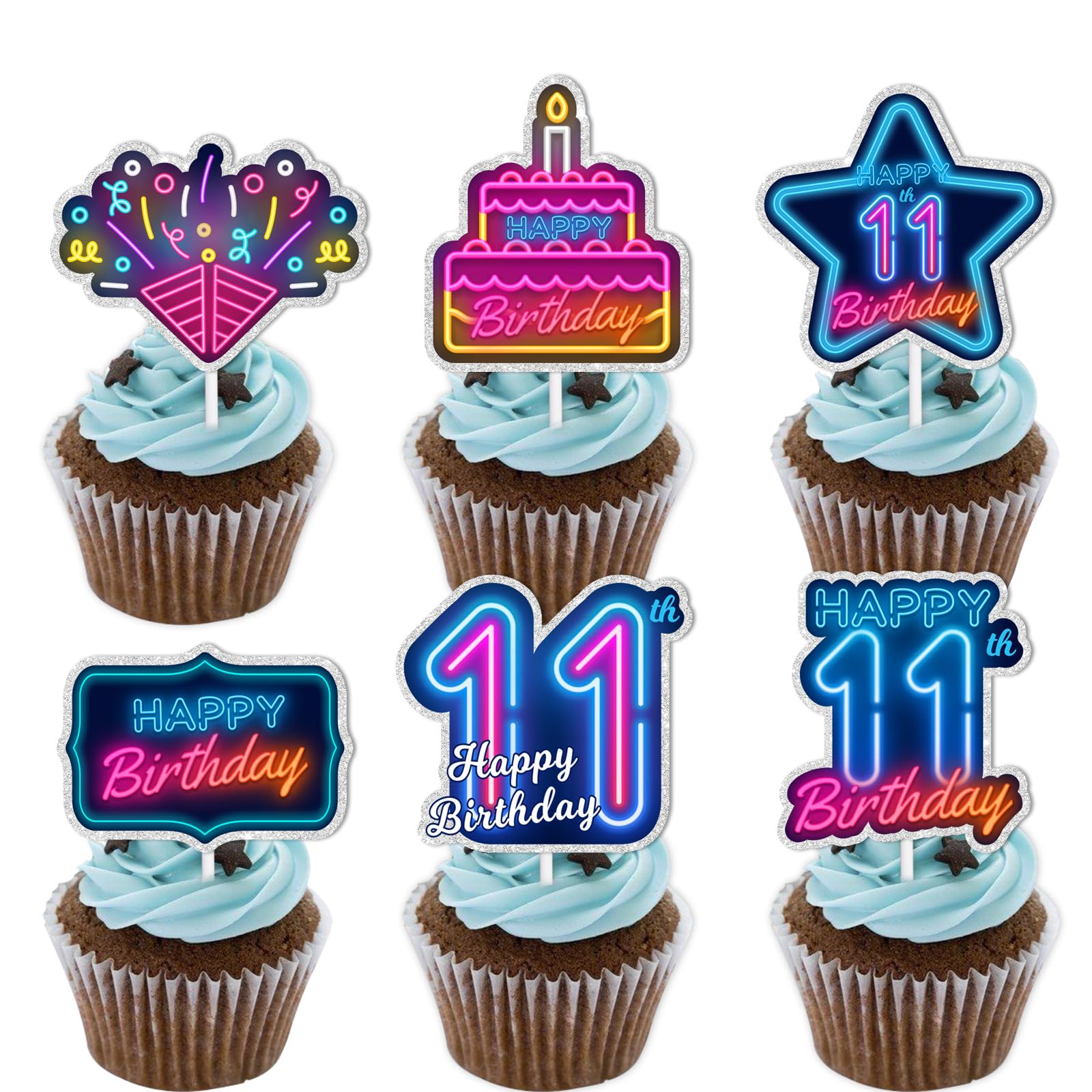 18pcs Blue Fluorescence Glitter Dessert Cupcake Topper Cheer to Let’s Glow Crazy Happy 11th Birthday Theme Decoration Supplies Anniversary Wedding Party Decor Supplies