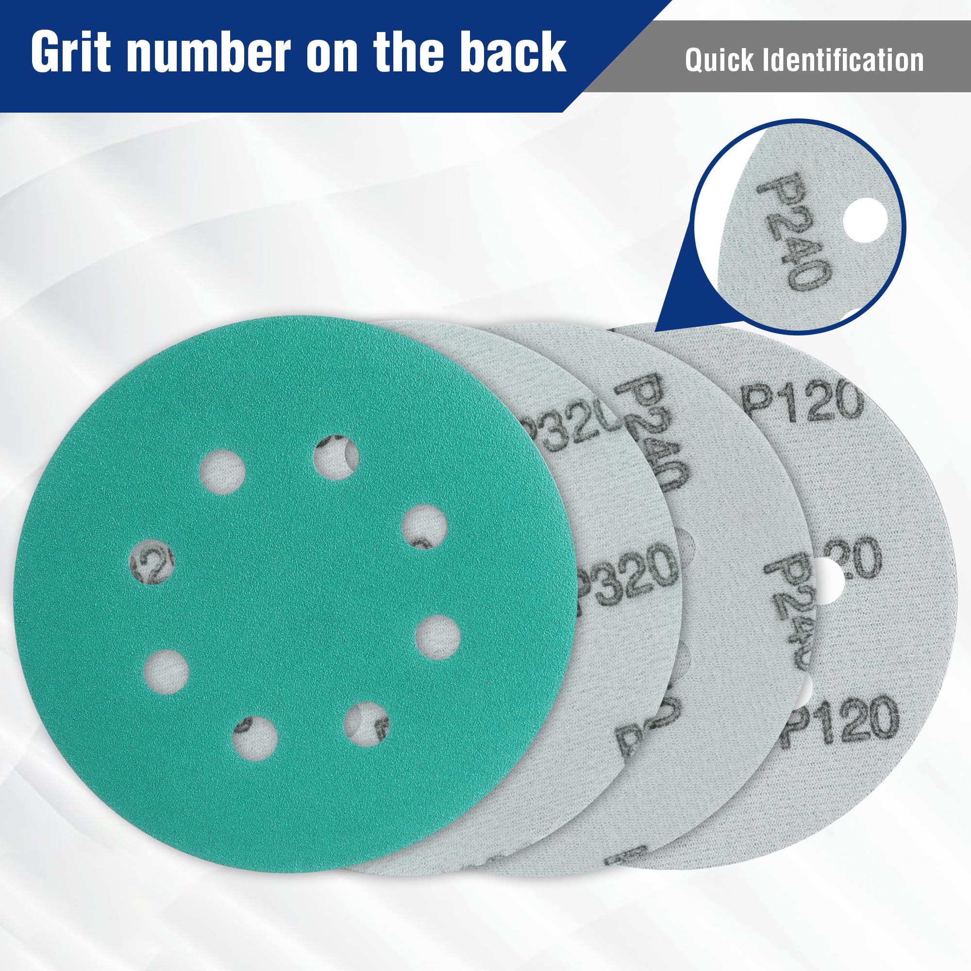 WORKPRO 150-piece Premium Sanding Discs Set, 5" 8-Hole Polyester Film Hook and Loop Sandpaper, 10 Grades Include 60, 80, 100, 120, 150,180, 240, 320, 400, 600 Grits for Random Orbital Sander, Green