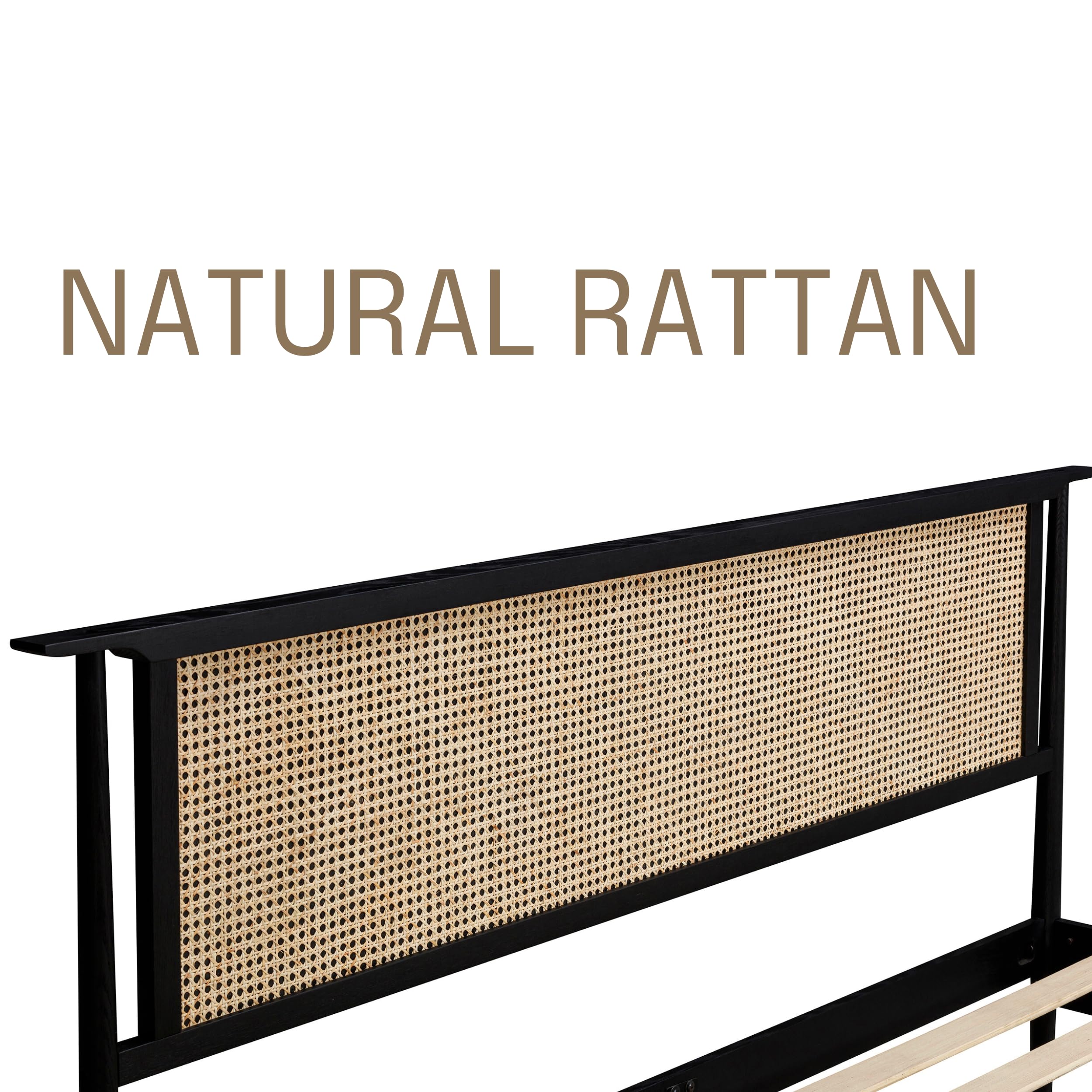 NTC Ruby Wooden Bed Frame with Headboard and Natural Rattan, Solid Oak Foundation with Silent Slats, 1000 Lb Capacity, Effortless Assembly, Queen - Burnt Black