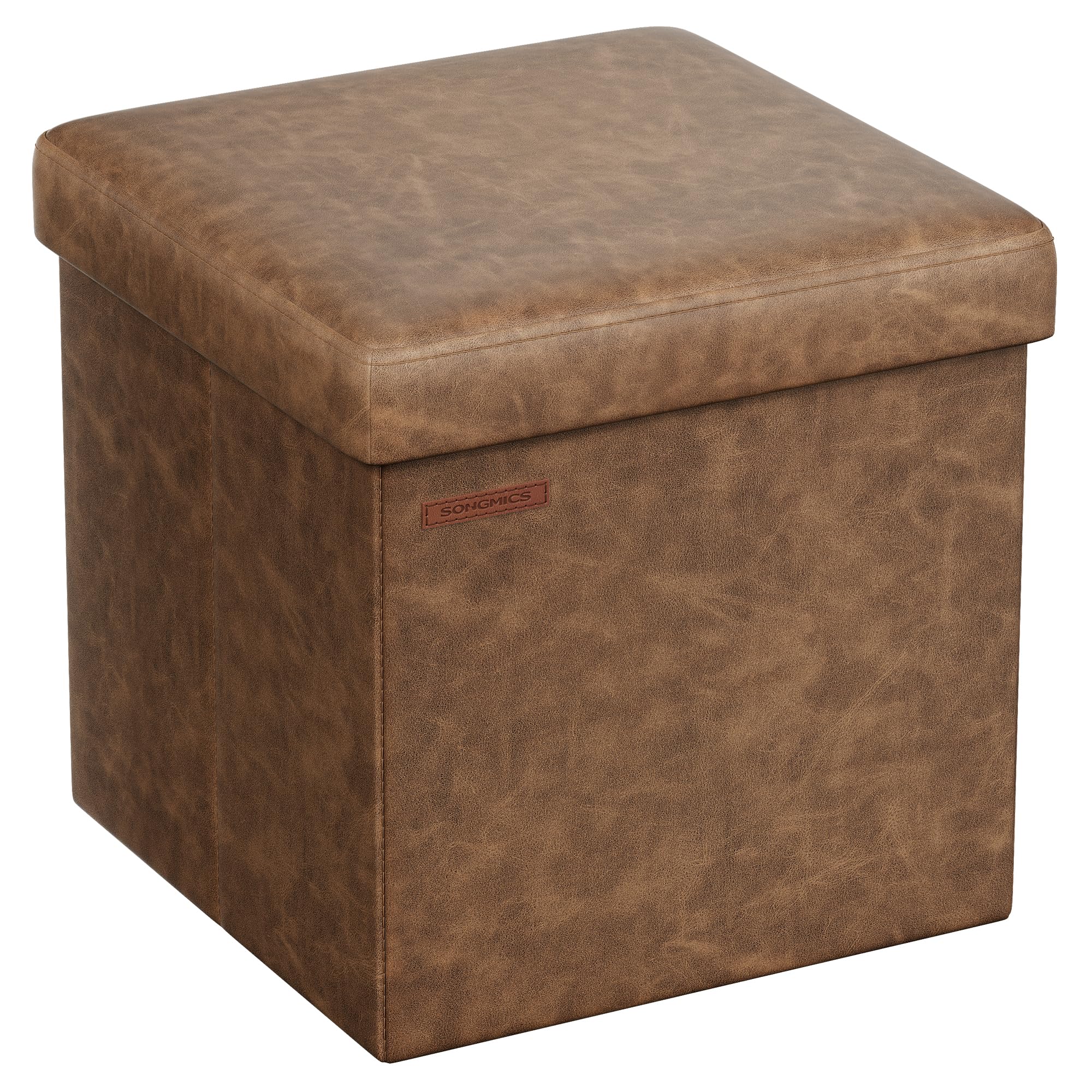 SONGMICS 15 Inches Ottoman with Storage, Footstool, Storage Ottoman, Synthetic Leather, 660 lb Load Capacity, for Dorm Room, Living Room, Bedroom, Coffee Brown ULSF010K01