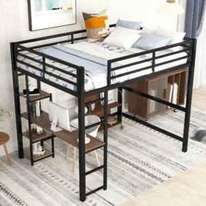 bellemave full size loft bed with desk,metal loft bed with storage shelves,heavy duty metal loft bed for kids teens adults,black