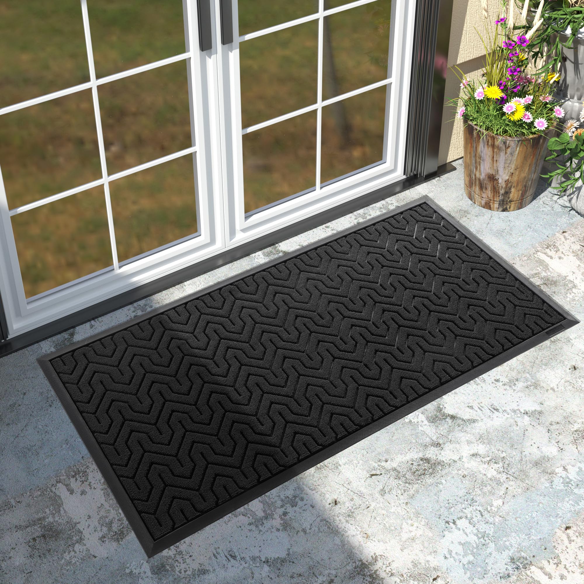 Yimobra Front Door Mat Outside Entrance, 47x24 Waterproof Outdoor Indoor Welcome Mat, Heavy Duty Doormat, Low Profile, Non Slip Garge Porch Entryway Mat, Easy Clean, Black