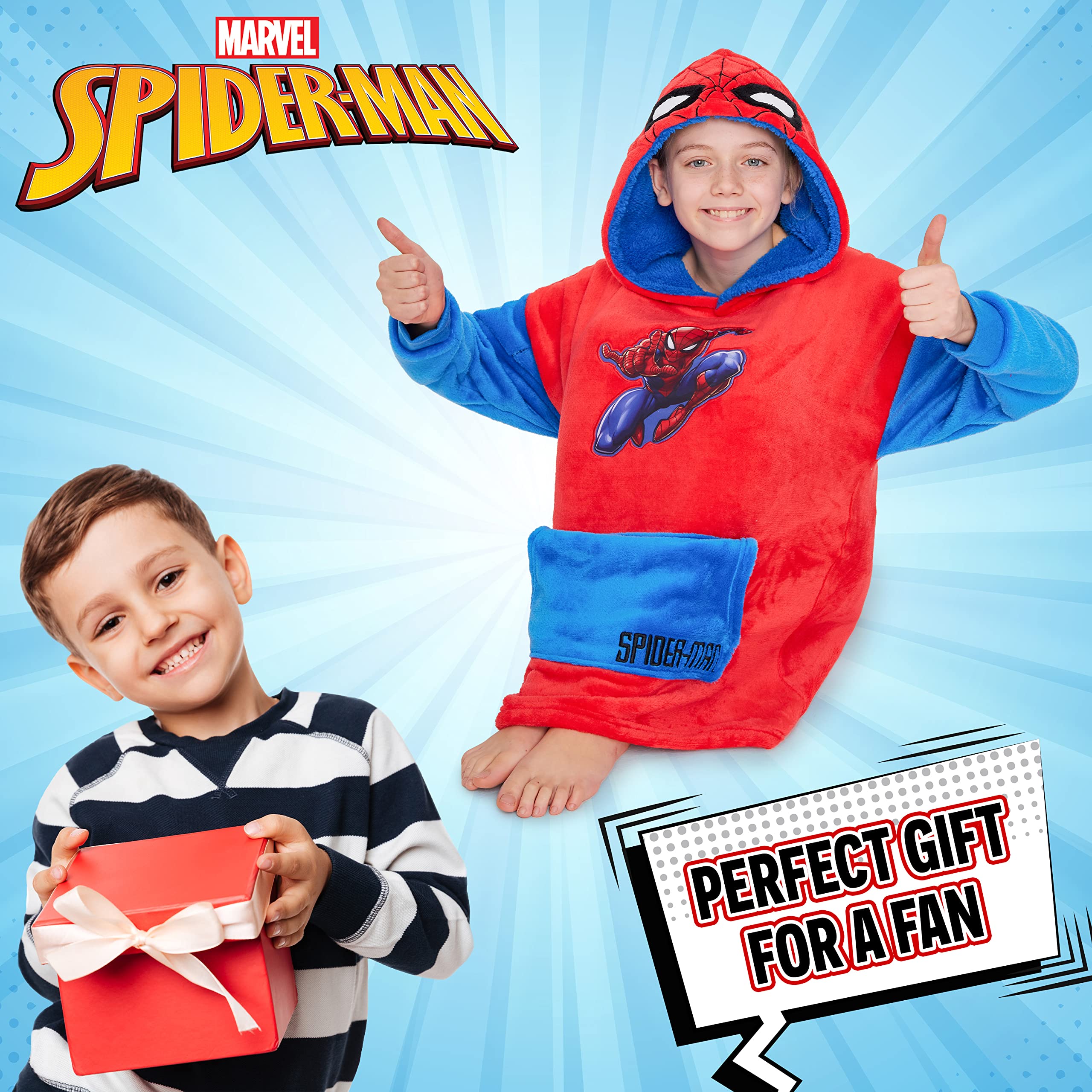 Marvel Spiderman Fleece Blanket Hoodie for Boys and Teenagers - One Size Cosy Hooded Blanket - Spiderman Gifts for Boys (Red)