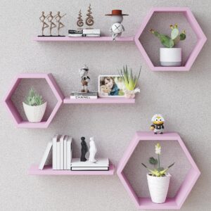 ludoru wooden hexagon floating shelves wall mounted,set of 6 pine hexagon shelves display for photos,plants,rustic honeycomb shelves for living room,bedroom,bathroom, kitchen, office decor, pink