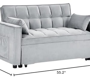 BIADNBZ 55" Convertible Loveseat Sleeper Sofa with Pull Out Bed, Modern Velvet Couch with Pillows & Side Pockets, Adjustable, for Small Space Living Room, Gray