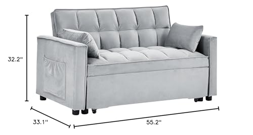 BIADNBZ 55" Convertible Loveseat Sleeper Sofa with Pull Out Bed, Modern Velvet Couch with Pillows & Side Pockets, Adjustable, for Small Space Living Room, Gray