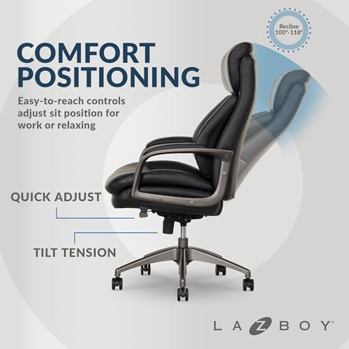 La-Z-Boy Nova Vegan Leather Modern Executive Ergonomic Design Office Chair, Memory Foam Thick Contoured Seat Back with Patented Lumbar Support Technology, Soft to Medium Sit Comfort, Black