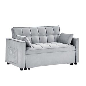 BIADNBZ 55" Convertible Loveseat Sleeper Sofa with Pull Out Bed, Modern Velvet Couch with Pillows & Side Pockets, Adjustable, for Small Space Living Room, Gray