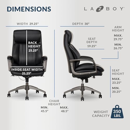 La-Z-Boy Nova Vegan Leather Modern Executive Ergonomic Design Office Chair, Memory Foam Thick Contoured Seat Back with Patented Lumbar Support Technology, Soft to Medium Sit Comfort, Black