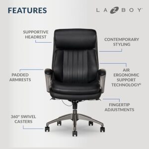 La-Z-Boy Nova Vegan Leather Modern Executive Ergonomic Design Office Chair, Memory Foam Thick Contoured Seat Back with Patented Lumbar Support Technology, Soft to Medium Sit Comfort, Black