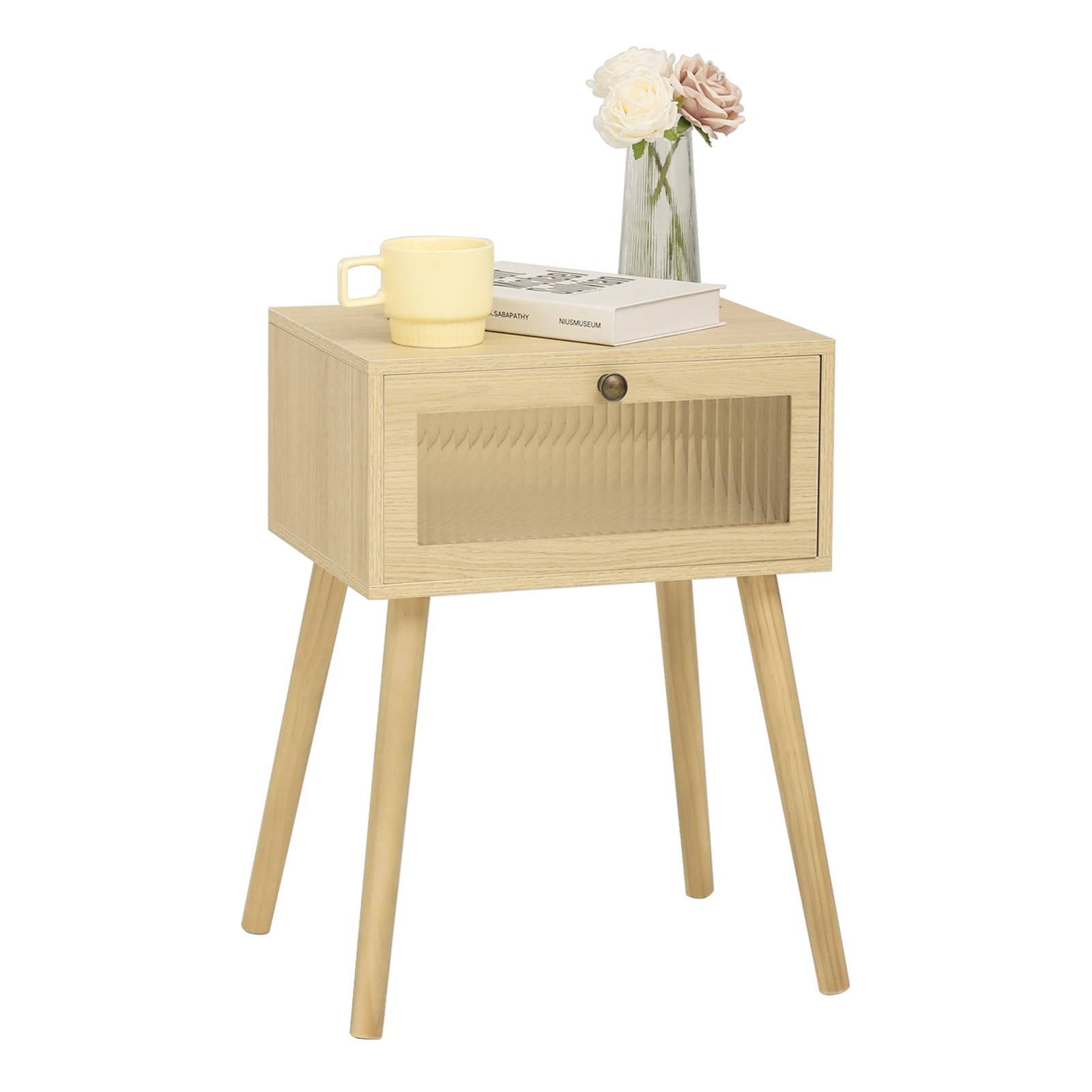 AWASEN Mid Century Modern Nightstand, Small Bedside Table with Drawer, Side Table Bedroom End Table with Storage and Solid Wood Legs for Living Room and Small Space (Natural)