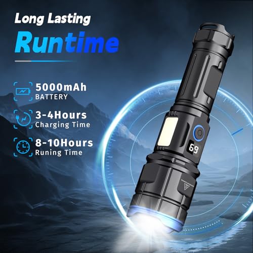 Wind&Moon Powerful Flashlights High Lumens Rechargeable,10000 Lumen Led Strong Handheld Flashlight,IPX6 Waterproof Flashlight for Home Camping Emergencies,USB Battery Operated,Adjustable Focus