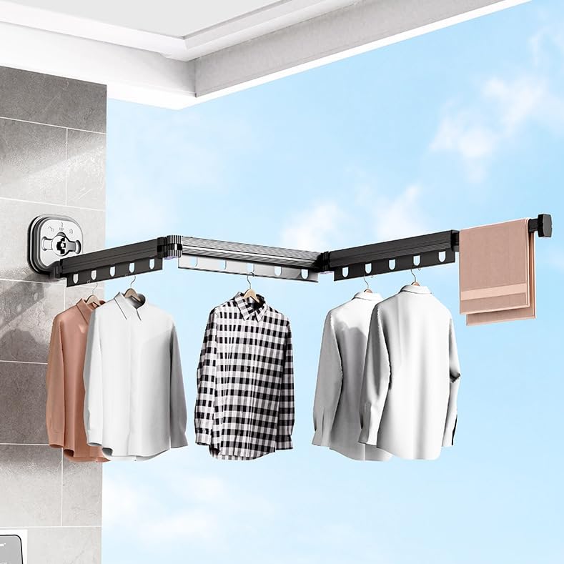 FOSA Retractable Clothes Drying Rack, Laundry Drying Rack Wall Mount, Strong Suction Cup, 360 Degree Rotation Bifold Windproof, Space Saver, for Balcony, Laundry, Bathroom, Dormitory