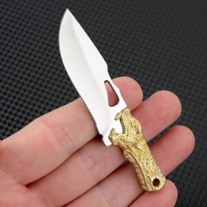 SZHOWORLD Small Fixed Blade Knife, 2 inch 5Cr Steel Blade with Brass Dragon Head Handle, Mini Knife with Leather Sheath for EDC Gift Collection (Style 2)