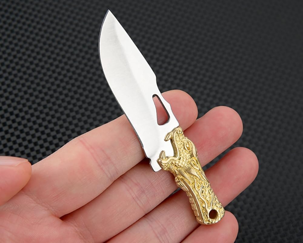 SZHOWORLD Small Fixed Blade Knife, 2 inch 5Cr Steel Blade with Brass Dragon Head Handle, Mini Knife with Leather Sheath for EDC Gift Collection (Style 2)