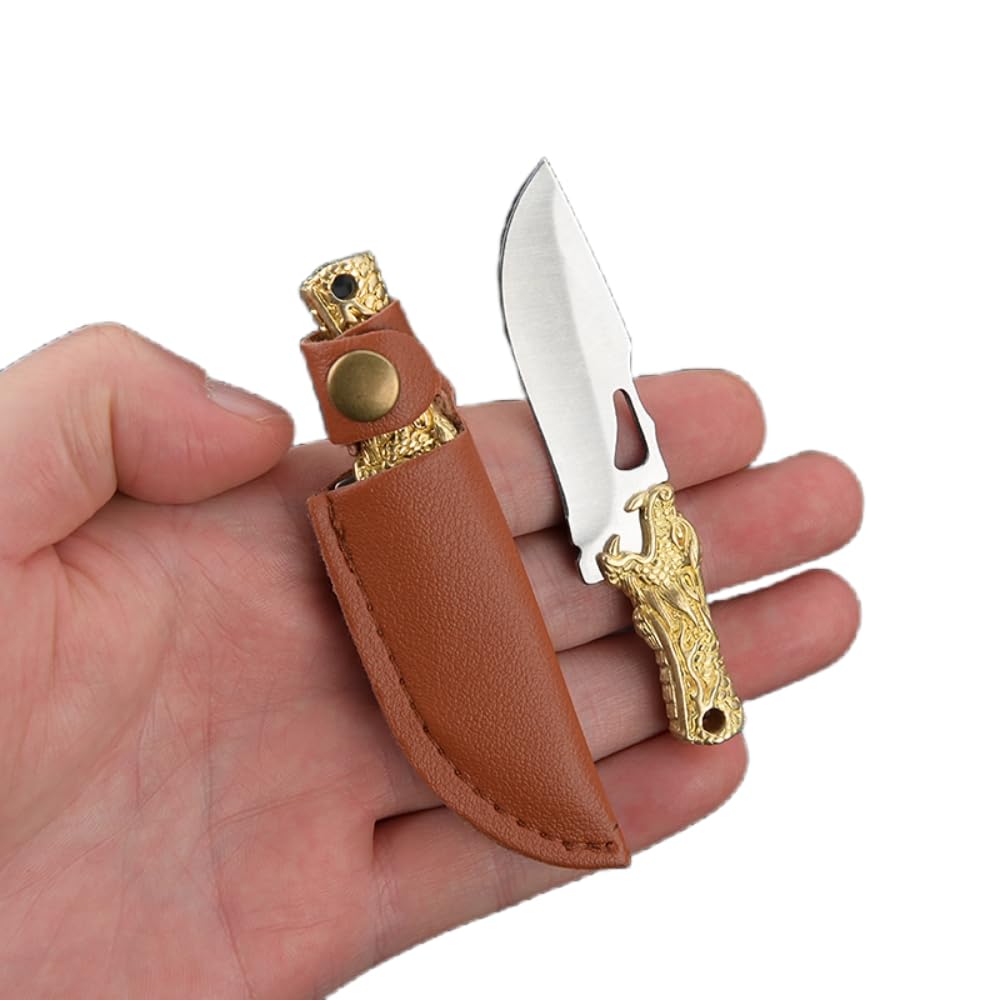 SZHOWORLD Small Fixed Blade Knife, 2 inch 5Cr Steel Blade with Brass Dragon Head Handle, Mini Knife with Leather Sheath for EDC Gift Collection (Style 2)