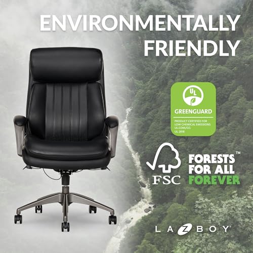 La-Z-Boy Nova Vegan Leather Modern Executive Ergonomic Design Office Chair, Memory Foam Thick Contoured Seat Back with Patented Lumbar Support Technology, Soft to Medium Sit Comfort, Black