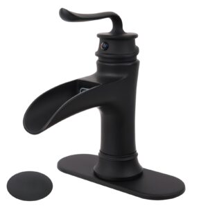 m oudemei solid brass waterfall spout bathroom sink faucet, single handle lavatory faucet with deck plate for 1 or 3 hole, 4 inch centerset vanity faucet (with drain, matte black)