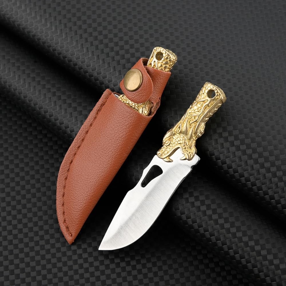 SZHOWORLD Small Fixed Blade Knife, 2 inch 5Cr Steel Blade with Brass Dragon Head Handle, Mini Knife with Leather Sheath for EDC Gift Collection (Style 2)