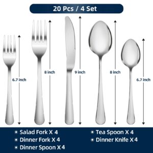 Silverware Set for 4, 20 Piece Heavy Duty Stainless Steel Flatware Set, Solid Spoons and Forks Set, Mirror Polished Cutlery Set, Utensil Sets for Home, Restaurant, Wedding, Party- Dishwasher Safe