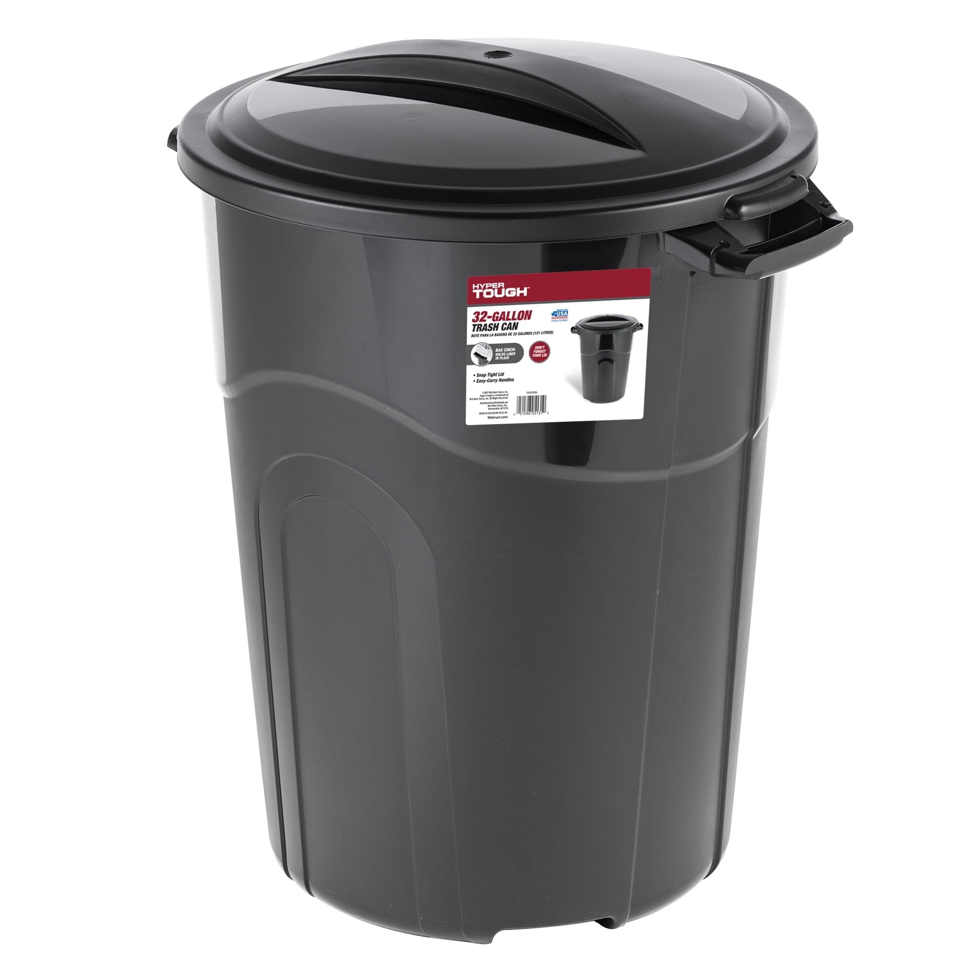 FGriD 32 Gallon Heavy Duty Plastic Garbage Can, Included Lid, Indoor/Outdoor, Black