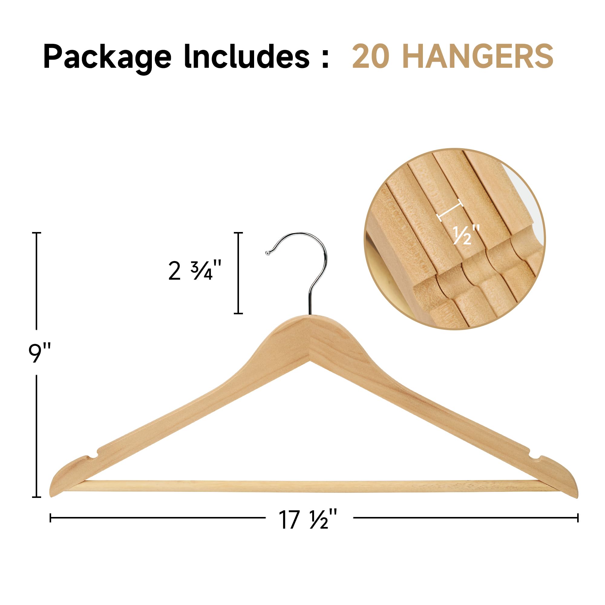 StorageWorks Wooden Suit Hanger, Heavy Duty Clothes Hangers 20 Pack, Natural Wood Color, Natural Wood Hangers for Suits, Shirts, Jackets, Pants