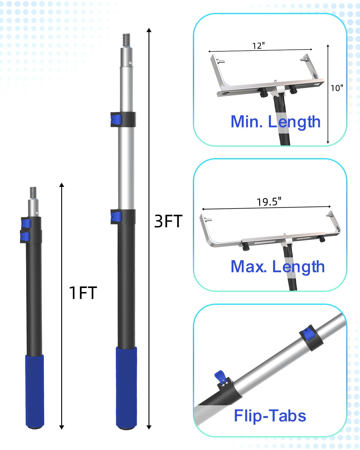 SKGPOLE 3FT Telescopic Paint Roller Pole, Multi-Function Paint Roller Kit with Lightweight Sturdy Aluminum 1-3FT Telescopic Extension Pole, House Paint Roller Brush for Walls, Ceiling, Decks, Doors