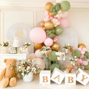 Sage Green Pink Balloons, 50pcs 12 Inch Green and Pink Balloons Olive Green Light Pink Sand White Metallic Gold Balloons for Birthday Decoration Baby Shower Wedding Party Decoration