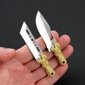 SZHOWORLD Small Fixed Blade Knife, 2 inch 5Cr Steel Blade with Brass Dragon Head Handle, Mini Knife with Leather Sheath for EDC Gift Collection (Style 2)