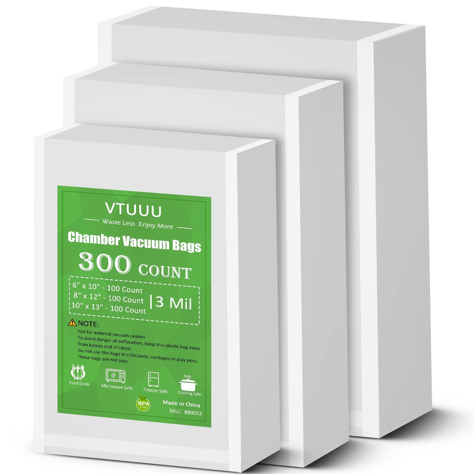 VTUUU Chamber Vacuum Sealer Bags 300 Count 6" x 10" 8" x 12" 10" x 13" For 3-Mil Vacuum Chamber Bags Pre-Cut Chamber Vacuum Bags- BPA-Free -Heavy Duty Chamber Machine Pouches