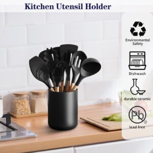 yuyuefourseas Matte Black Utensil Holder for Kitchen Counter, Ceramic Kitchen Utensil Crock for Countertop Easy to Clean, Modern Cooking Utensil Spatula HolderBy 4.4*6.3 Inch