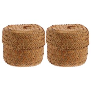 ciieeo 2pcs small wicker basket with lid round seagrass storage basket handmade woven flower basket mini packing box for home shelf decor wood color