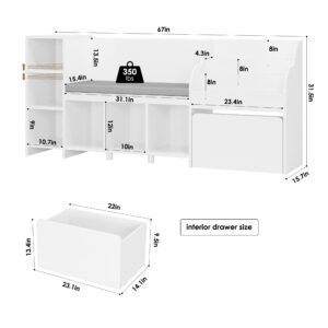 HOSTACK 67" Kids Reading Nook with Bench, Kids Bookshelf and Bookcase with Seat Cushion and 6 Storage Cubbies, Toy Storage Box on Wheels, Toy Chest for Playroom, Bedroom, School, White