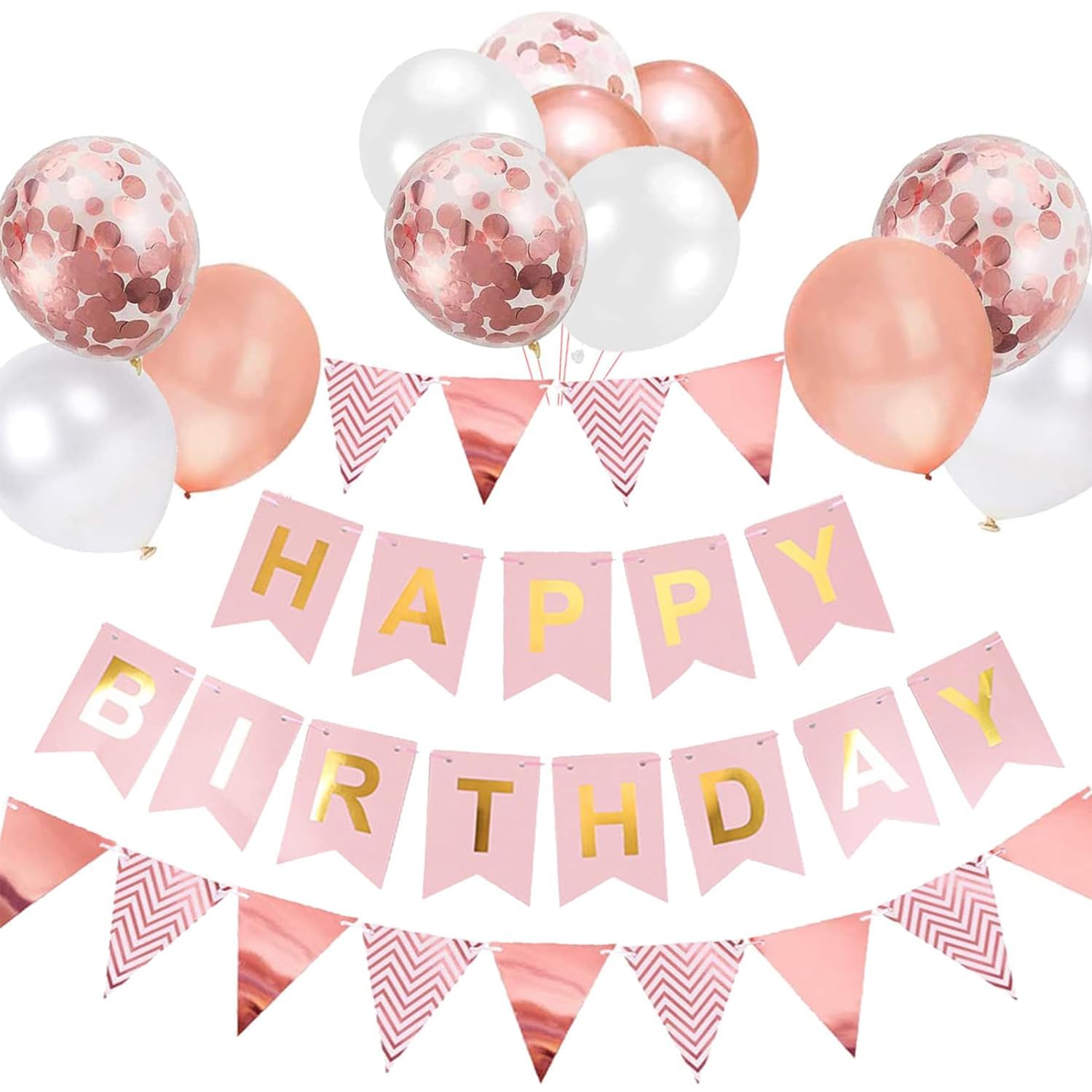 Buygain Happy Birthday Banner and Buntings, Happy Birthday Decorations Rose Gold Set Contains12inch Balloons, Ribbons and Birthday Banners, Happy Birthday Decorations For Women