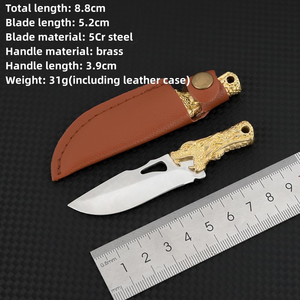 SZHOWORLD Small Fixed Blade Knife, 2 inch 5Cr Steel Blade with Brass Dragon Head Handle, Mini Knife with Leather Sheath for EDC Gift Collection (Style 2)