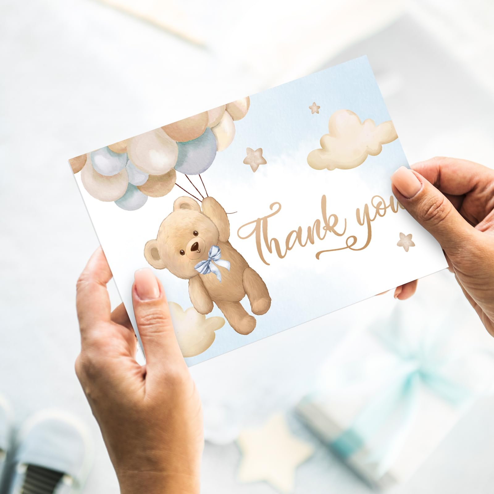 Whaline 24Pcs Bear Thank You Cards Watercolor Bear Balloon Greeting Cards with Envelope Stickers Cartoon Blank Note Cards for Birthday Wedding Baby Shower Party Supplies, 4 x 6 Inch