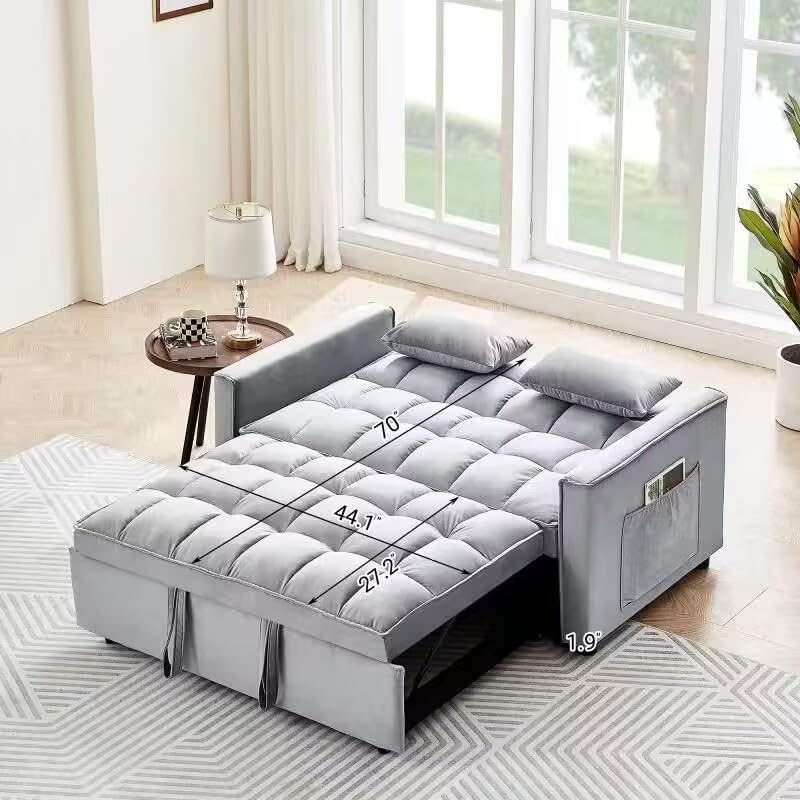 BIADNBZ 55" Convertible Loveseat Sleeper Sofa with Pull Out Bed, Modern Velvet Couch with Pillows & Side Pockets, Adjustable, for Small Space Living Room, Gray