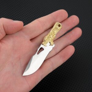 SZHOWORLD Small Fixed Blade Knife, 2 inch 5Cr Steel Blade with Brass Dragon Head Handle, Mini Knife with Leather Sheath for EDC Gift Collection (Style 2)