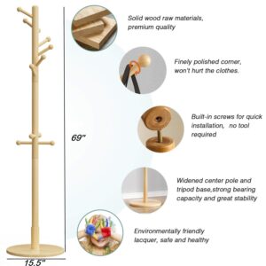 Vlush Freestanding Wooden Coat Rack Stand, Wood Hall Tree Coat Tree Hanger with 11 Round Hooks, Solid Round Base, 3 Adjustable Height for Hat, Clothes, Handbags,Umbrella, Natural