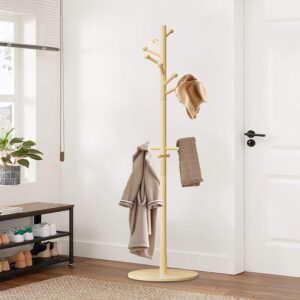 Vlush Freestanding Wooden Coat Rack Stand, Wood Hall Tree Coat Tree Hanger with 11 Round Hooks, Solid Round Base, 3 Adjustable Height for Hat, Clothes, Handbags,Umbrella, Natural