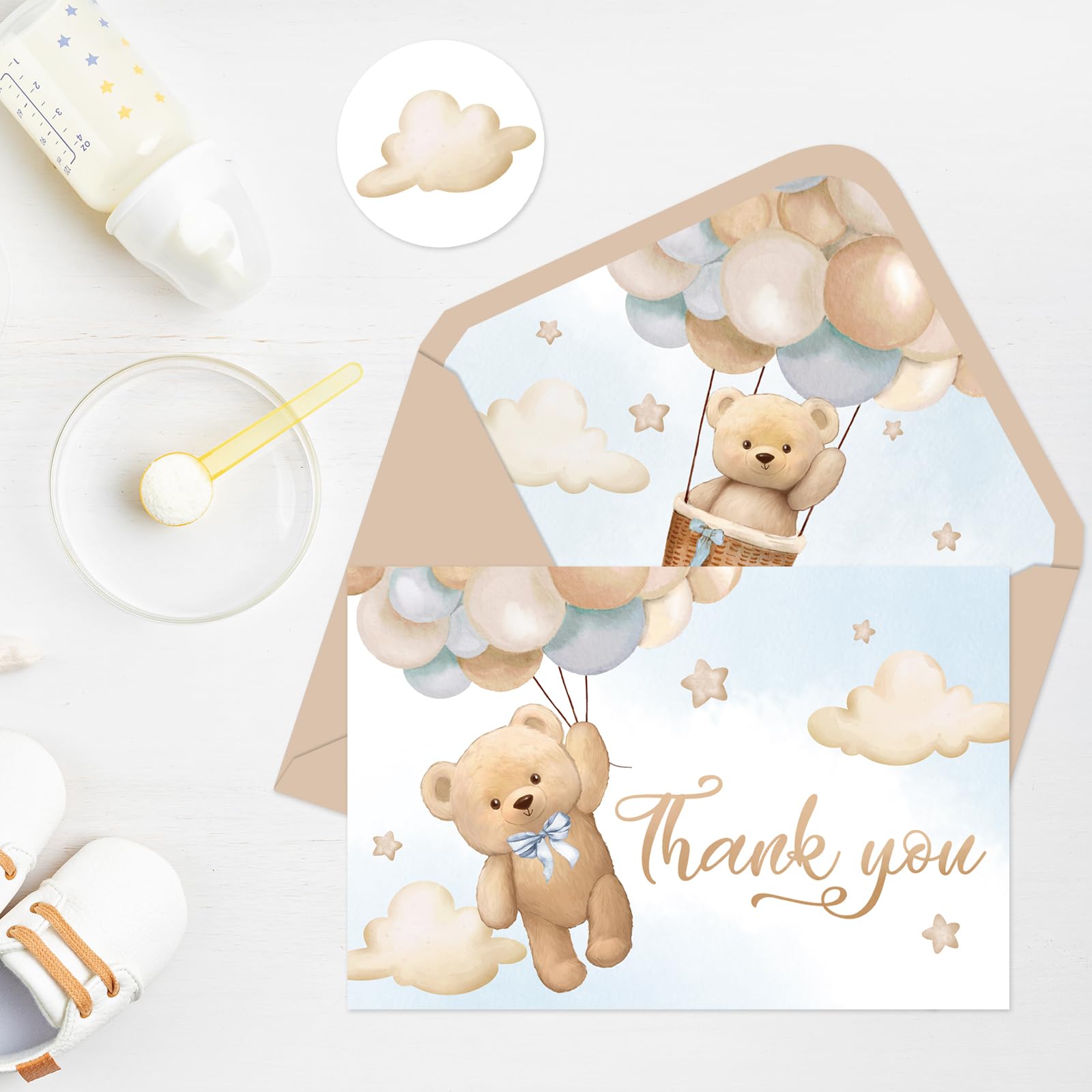 Whaline 24Pcs Bear Thank You Cards Watercolor Bear Balloon Greeting Cards with Envelope Stickers Cartoon Blank Note Cards for Birthday Wedding Baby Shower Party Supplies, 4 x 6 Inch