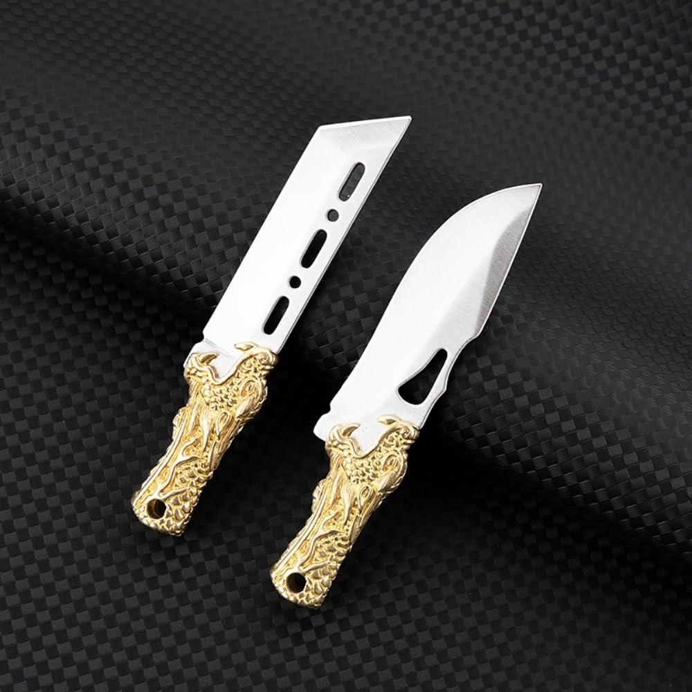 SZHOWORLD Small Fixed Blade Knife, 2 inch 5Cr Steel Blade with Brass Dragon Head Handle, Mini Knife with Leather Sheath for EDC Gift Collection (Style 2)