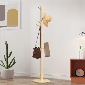 Vlush Freestanding Wooden Coat Rack Stand, Wood Hall Tree Coat Tree Hanger with 11 Round Hooks, Solid Round Base, 3 Adjustable Height for Hat, Clothes, Handbags,Umbrella, Natural