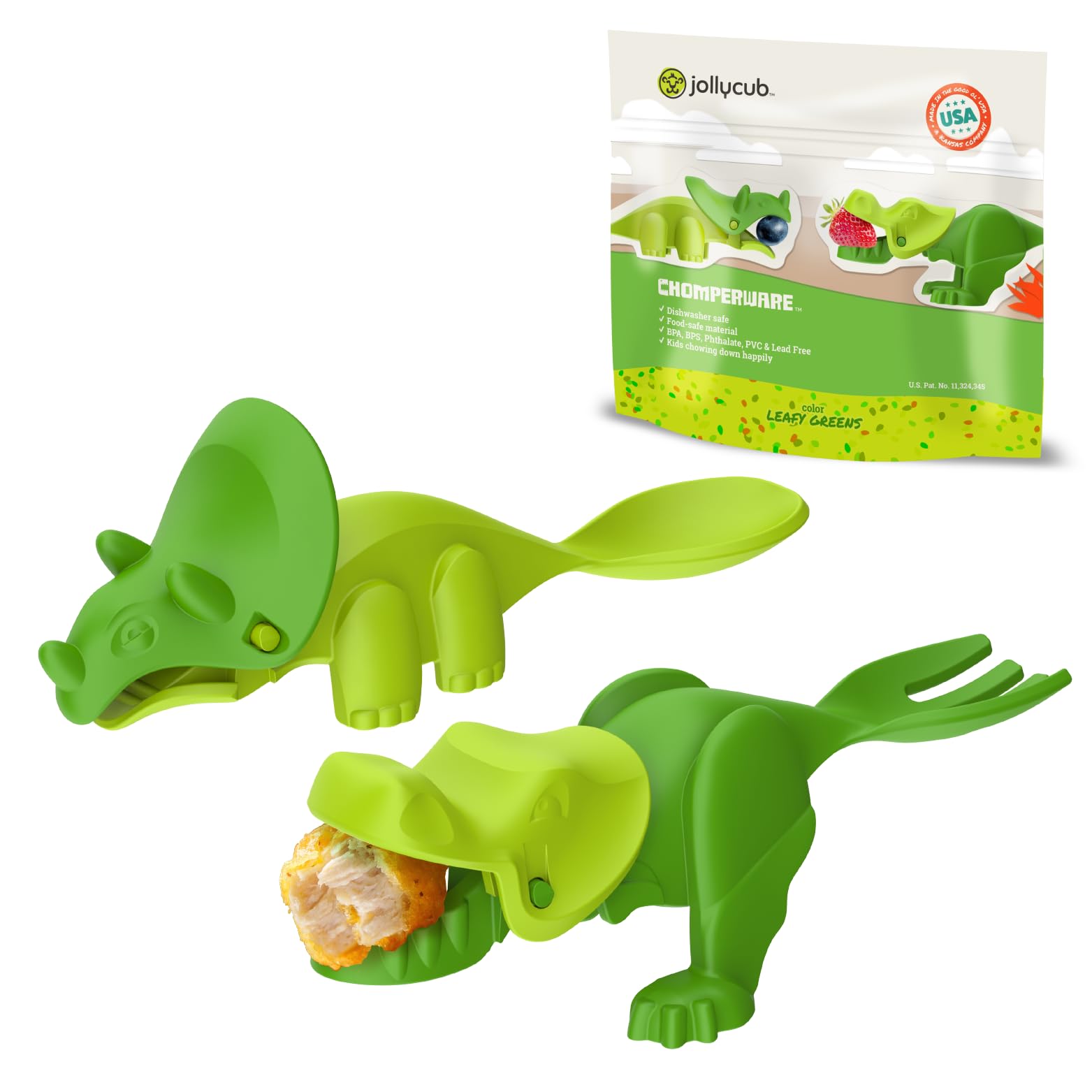 Jollycub® Interactive Toddler Utensils, Dino Chomperware™, Kids Silverware Set, BPA Free, Made in USA (Leafy Greens)